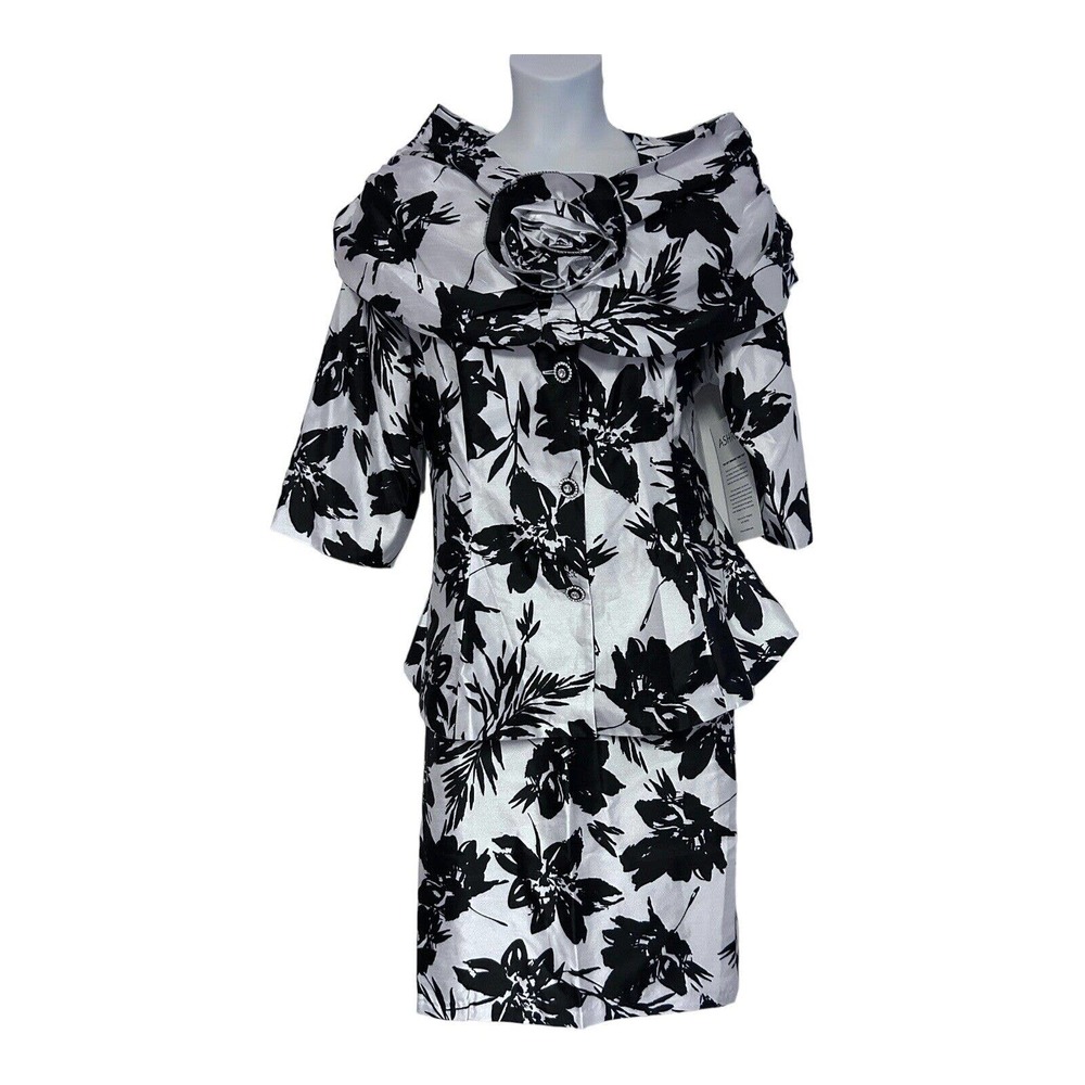 Ashro Suit & Shawl Peplum Black White Skirt Set Woman Business Formal Church 24W - Picture 7 of 16
